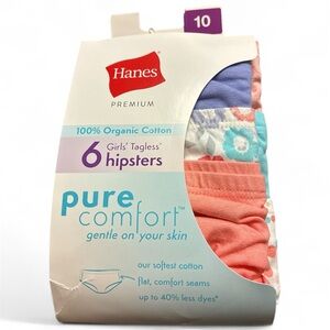 Hanes Premium Girls 6pk Comfort Hipster, organic cotton- Size 10 new